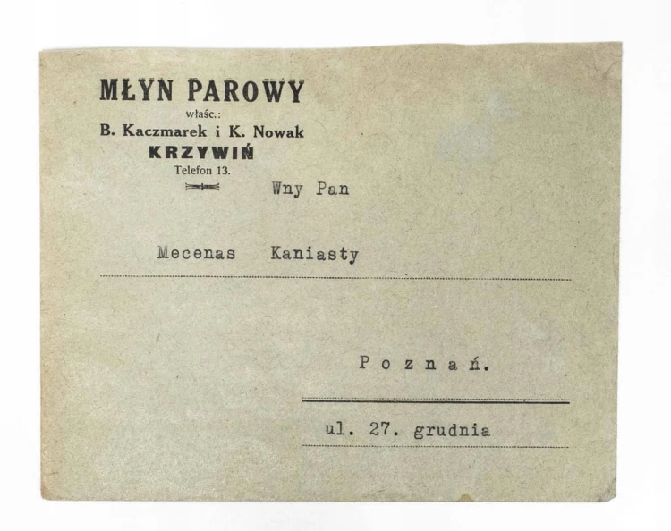 STARA KOPERTA LISTOWA - MŁYN PAROWY KACZMAREK I NOWAK, KRZYWIŃ II RP