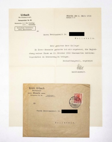 STARY LIST + KOPERTA, PRAWNIK ERLICH URBACH, MIĘDZYRZECZ / WOLSZTYN 1916