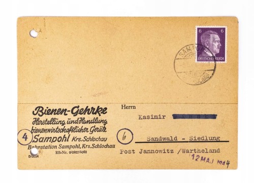 POCZTÓWKA, FIRMA PSZCZELARSKA SĄPOLNO, GORZEWO / JANOWIEC WIELKOPOLSKI 1944