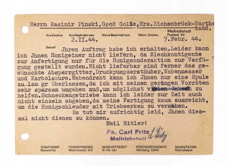 POCZTÓWKA, FIRMA PSZCZELARSKA FA. CARL FRITZ, GOŁASZEWO / WĄGROWIEC 1944
