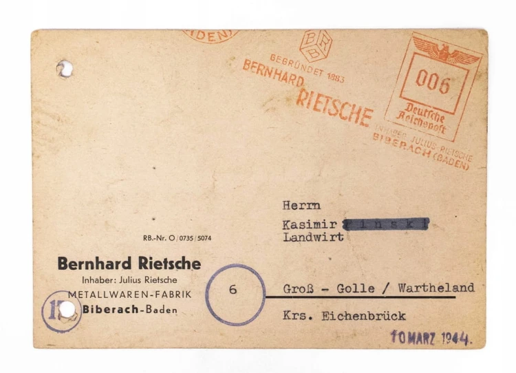 POCZTÓWKA, FIRMA PSZCZELARSKA BERNHARD RIETSCHE, GOŁASZEWO / WĄGROWIEC 1944