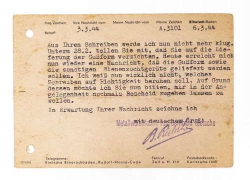 POCZTÓWKA, FIRMA PSZCZELARSKA BERNHARD RIETSCHE, GOŁASZEWO / WĄGROWIEC 1944