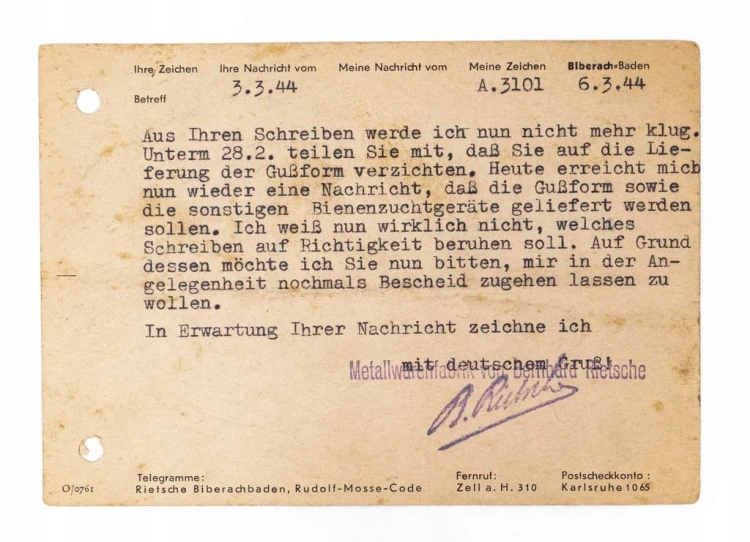 POCZTÓWKA, FIRMA PSZCZELARSKA BERNHARD RIETSCHE, GOŁASZEWO / WĄGROWIEC 1944