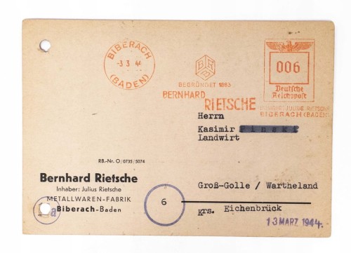 POCZTÓWKA, FIRMA PSZCZELARSKA BERNHARD RIETSCHE, GOŁASZEWO / WĄGROWIEC 1944