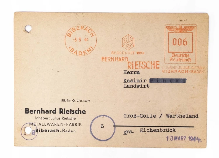 POCZTÓWKA, FIRMA PSZCZELARSKA BERNHARD RIETSCHE, GOŁASZEWO / WĄGROWIEC 1944