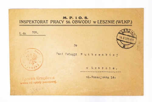 STARA KOPERTA LISTOWA - INSPEKTORAT PRACY, LESZNO 1929