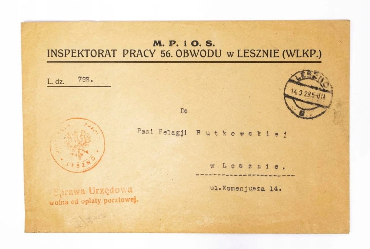 STARA KOPERTA LISTOWA - INSPEKTORAT PRACY, LESZNO 1929