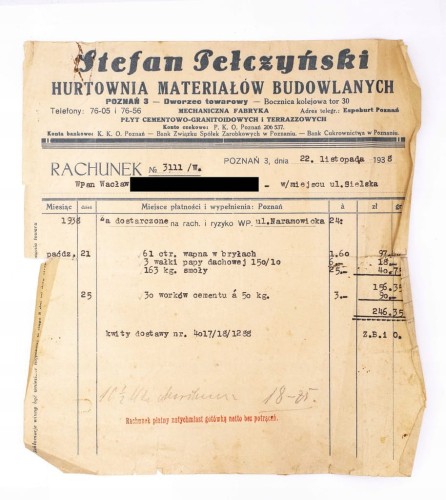STARY RACHUNEK - MATERIAŁY BUDOWLANE STEFAN PEŁCZYŃSKI, POZNAŃ 1938