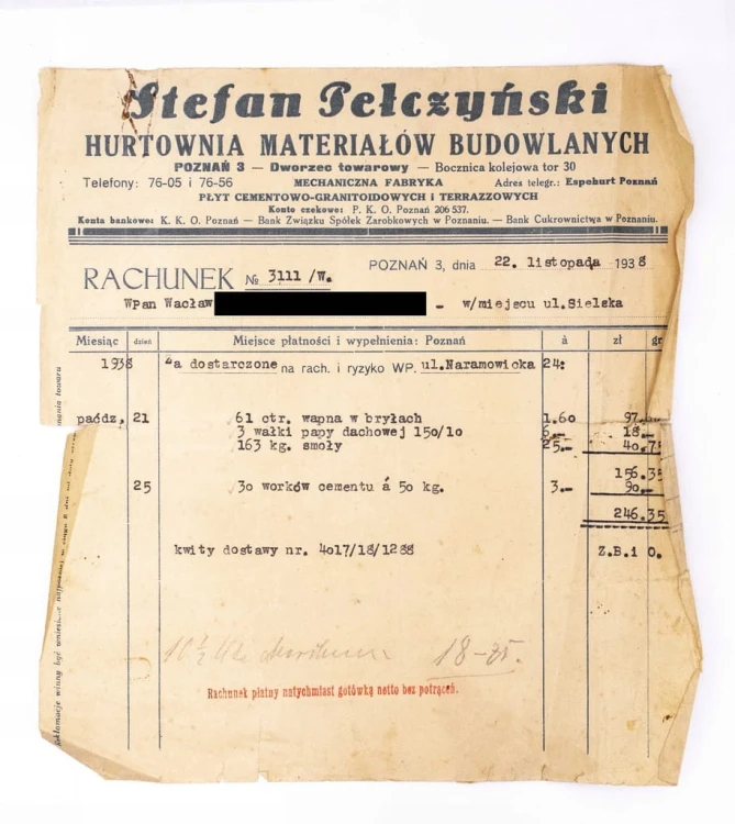 STARY RACHUNEK - MATERIAŁY BUDOWLANE STEFAN PEŁCZYŃSKI, POZNAŃ 1938