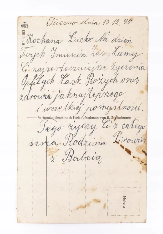 STARA POCZTÓWKA IMIENINOWA - TUCZNO 1945