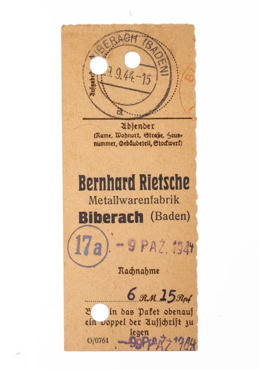 DOWÓD WPŁATY PRZEKAZU POCZTOWEGO, FIRMA PSZCZELARSKA BERNHARD RIETSCHE 1944