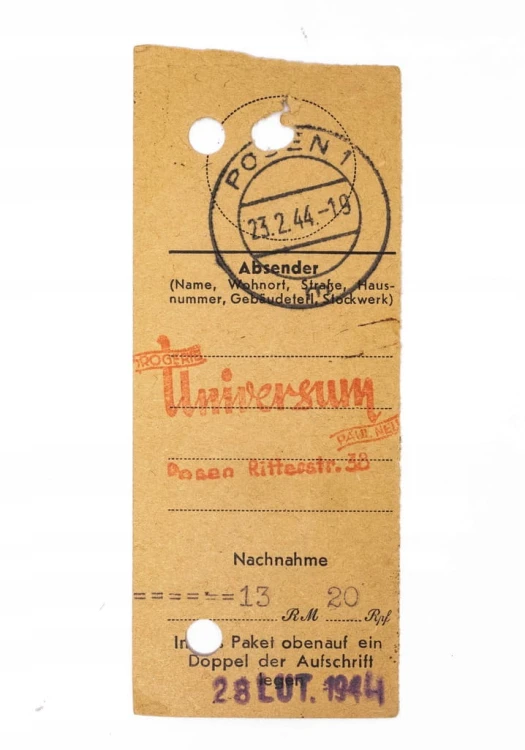 DOWÓD WPŁATY PRZEKAZU POCZTOWEGO, SKLEP UNIWERSUM, POZNAŃ 1944
