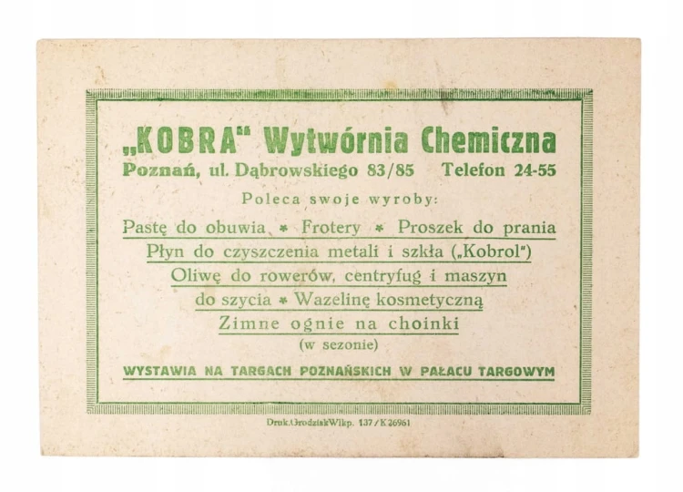 STARA REKLAMA - KOBRA, WYTWÓRNIA CHEMICZNA, POZNAŃ