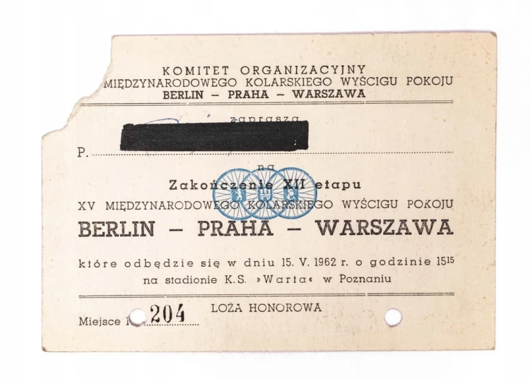 ZAPROSZENIE NA KOLARSKI WYŚCIG POKOJU, STADION KS WARTA POZNAŃ 1962