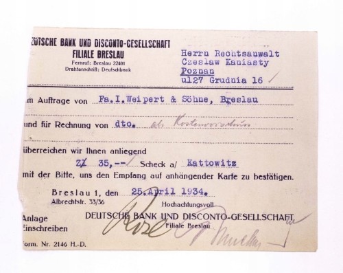STARE PISMO - NIEMIECKI BANK WROCŁAW / KATOWICE / POZNAŃ 1934