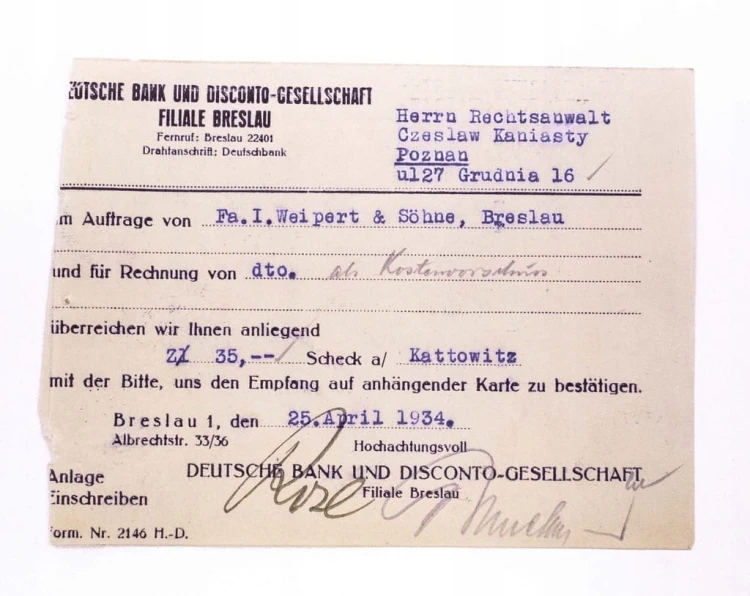 STARE PISMO - NIEMIECKI BANK WROCŁAW / KATOWICE / POZNAŃ 1934