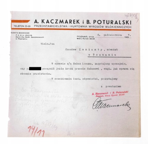 STARE PISMO - HURT. WYR. WŁÓKIENNICZYCH KACZMAREK I POTURALSKI, POZNAŃ 1937