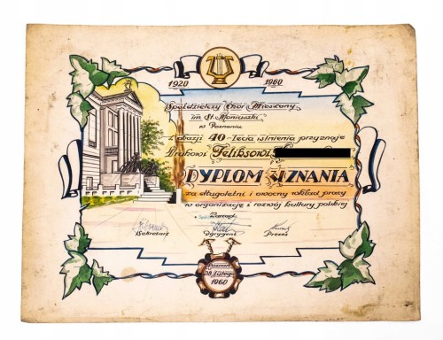 DYPLOM ZA DŁUGOLETNIĄ PRACĘ, CHÓR MIESZANY IM. MONIUSZKI, POZNAN 1960