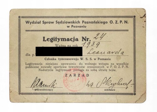 LEGITYMACJA - WYDZIAŁ SPRAW SĘDZIOWSKICH, POZNAŃ 1939