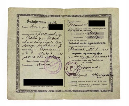 ŚWIADECTWO NAUKI - IZBA RZEMIEŚLNICZA, POZNAŃ / OPALENICA 1921