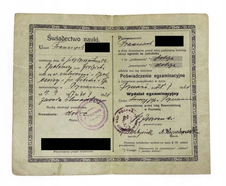 ŚWIADECTWO NAUKI - IZBA RZEMIEŚLNICZA, POZNAŃ / OPALENICA 1921