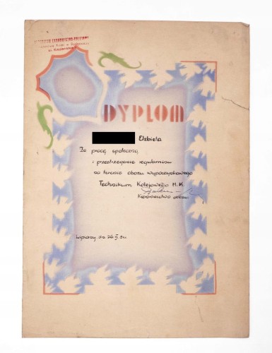 DYPLOM ZA OBÓZ TECHNIKUM KOLEJOWEGO M. K. W BYDGOSZCZY, LIPIANY 1954