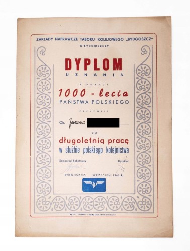 DYPLOM ZA DŁUGOLETNIĄ PRACĘ W SŁUŻBIE POLSKIEGO KOLEJNICTWA, BYDGOSZCZ 1966