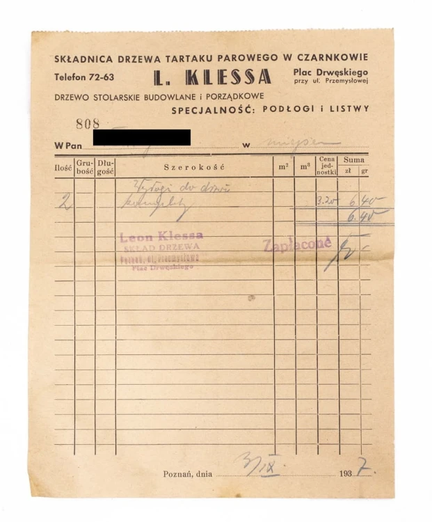 STARY RACHUNEK - SKŁAD DRZEWA L. KLESSA, CZARNKÓW 1937