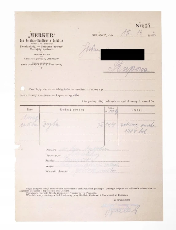 STARY RACHUNEK - DOM ROLNICZO-HANDLOWY MERKUR, GOŁAŃCZ / SŁUPOWA 1932