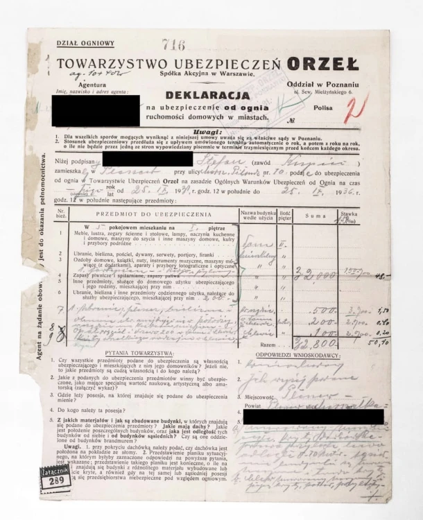 STARY RACHUNEK - TOWARZYSTWO UBEZPIECZEŃ ORZEŁ, POZNAŃ / PLESZEW 1936
