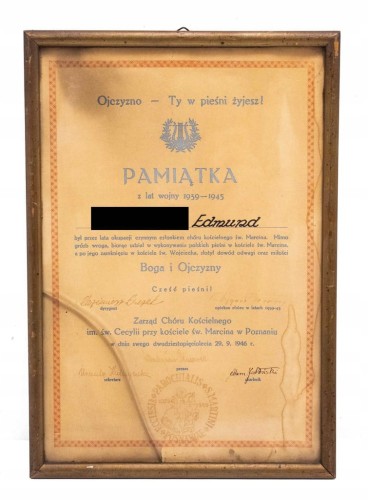 PAMIĄTKA Z CHÓRU KOŚCIELNEGO ŚW. MARCINA Z LAT WOJNY 1939-1945, POZNAŃ 1946
