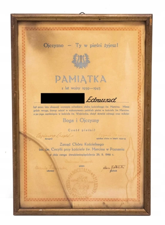 PAMIĄTKA Z CHÓRU KOŚCIELNEGO ŚW. MARCINA Z LAT WOJNY 1939-1945, POZNAŃ 1946