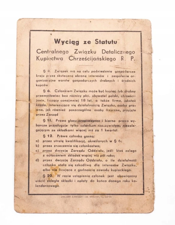 LEGITYMACJA CENTRALNY ZWIĄZEK DETALICZNY KUPIECTWA CHRZEŚCIJAŃSKIEGO l. 30
