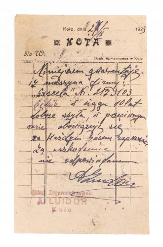 STARY RACHUNEK - NOTA, A. LUIDOR, SKŁAD ZEGARÓW JUBILERSKICH, KOŁO 1923
