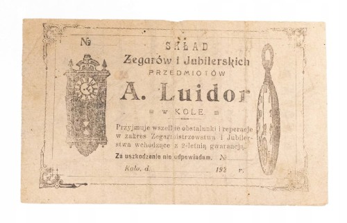 STARY RACHUNEK - NOTA, A. LUIDOR, SKŁAD ZEGARÓW JUBILERSKICH, KOŁO 1923