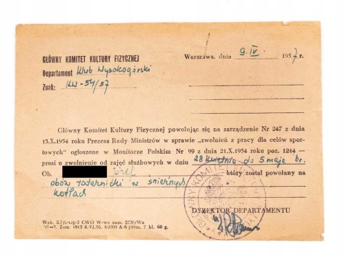 STARE PISMO - GŁÓWNY KOMITET KULTURY FIZYCZNEJ, KLUB WYSOKOGÓRSKI 1957