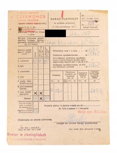 NAKAZ PŁATNICZY ZA GRUNTY UPRAWNE - DZIERZBICE, RDUTÓW 1947