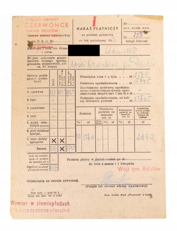 NAKAZ PŁATNICZY ZA GRUNTY UPRAWNE - DZIERZBICE, RDUTÓW 1947