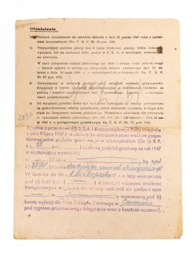 NAKAZ PŁATNICZY ZA GRUNTY UPRAWNE - DZIERZBICE, RDUTÓW 1947