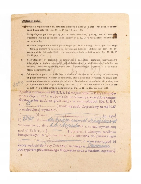 NAKAZ PŁATNICZY ZA GRUNTY UPRAWNE - DZIERZBICE, RDUTÓW 1947