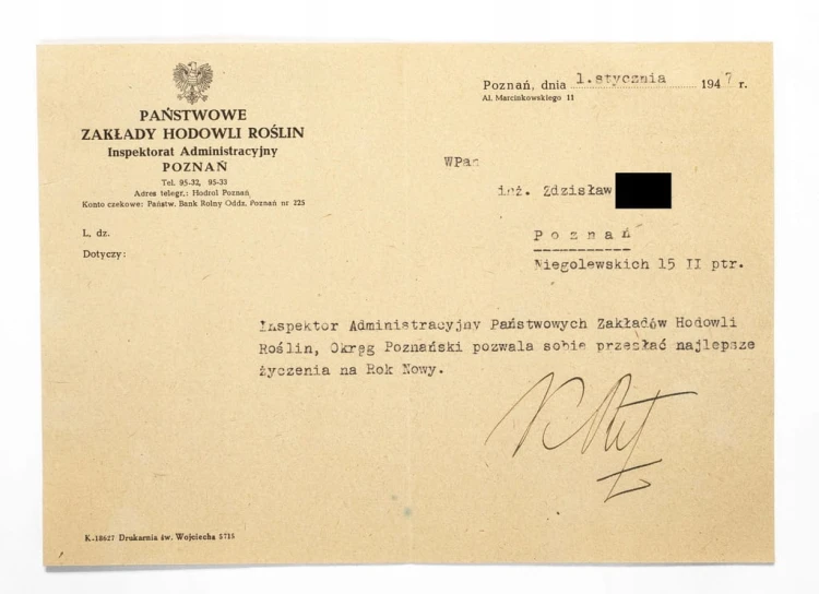 STARY DOKUMENT - PAŃSTWOWE ZAKŁADY HODOWLI ROŚLIN, POZNAŃ 1947