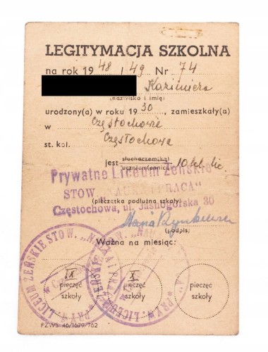 LEGITYMACJA SZKOLNA, PRYWATNE LICEUM ŻEŃSKIE, CZĘSTOCHOWA 1948