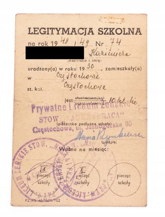 LEGITYMACJA SZKOLNA, PRYWATNE LICEUM ŻEŃSKIE, CZĘSTOCHOWA 1948