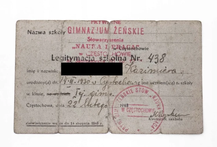 LEGITYMACJA SZKOLNA, GIMNAZJUM ŻEŃSKIE, CZĘSTOCHOWA 1945