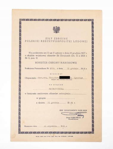 STARY DOKUMENT, MIANOWANIE NA PODPORUCZNIKA KORPUS OFICERÓW UZBROJENIA 1959