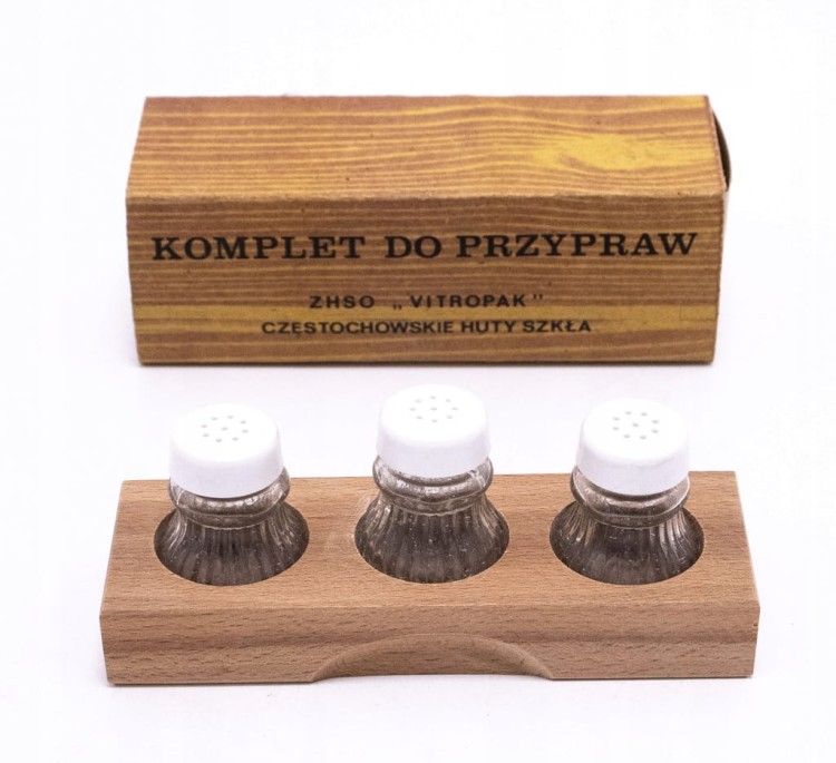 STARY KOMPLET POJEMNICZKÓW DO PRZYPRAW - CZĘSTOCHOWSKIE HUTY SZKŁA 1978