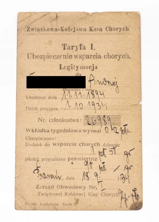 LEGITYMACJA - ZWIĄZKOWA KOLEJOWA KASA CHORYCH, POZNAŃ 1934