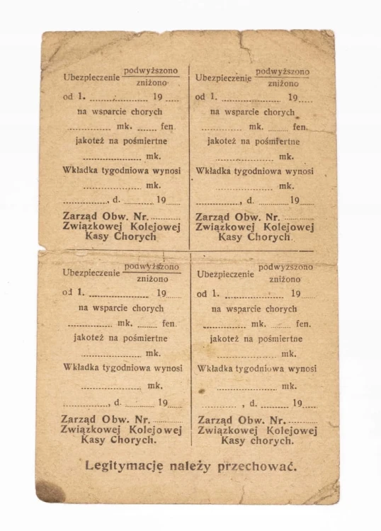 LEGITYMACJA - ZWIĄZKOWA KOLEJOWA KASA CHORYCH, POZNAŃ 1934