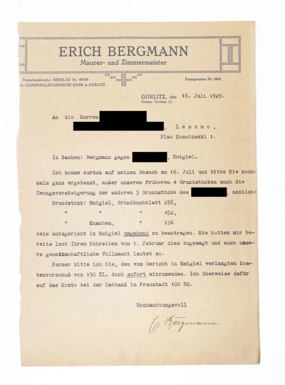 STARE PISMO - MURARZ STOLARZ E. BERGMANN, ZGORZELEC / ŚMIGIEL / LESZNO 1929