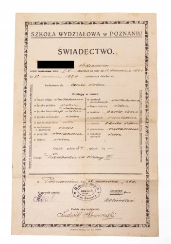 ŚWIADECTWO - SZKOŁA WYDZIAŁOWA, POZNAŃ ŁAZARZ 1926